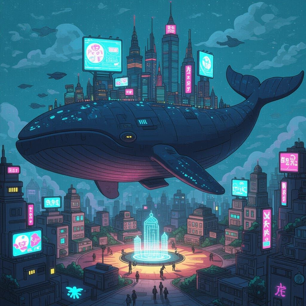 Cyberpunk Metropolis on a Space Whale, Pencil Sketch