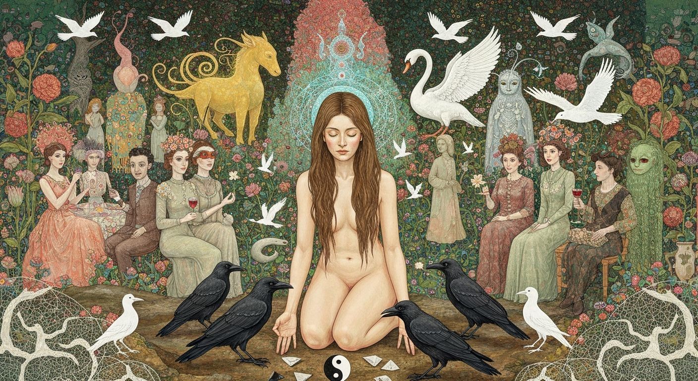 Psychedelic Art: Woman Gathering Yin and Yang Shards