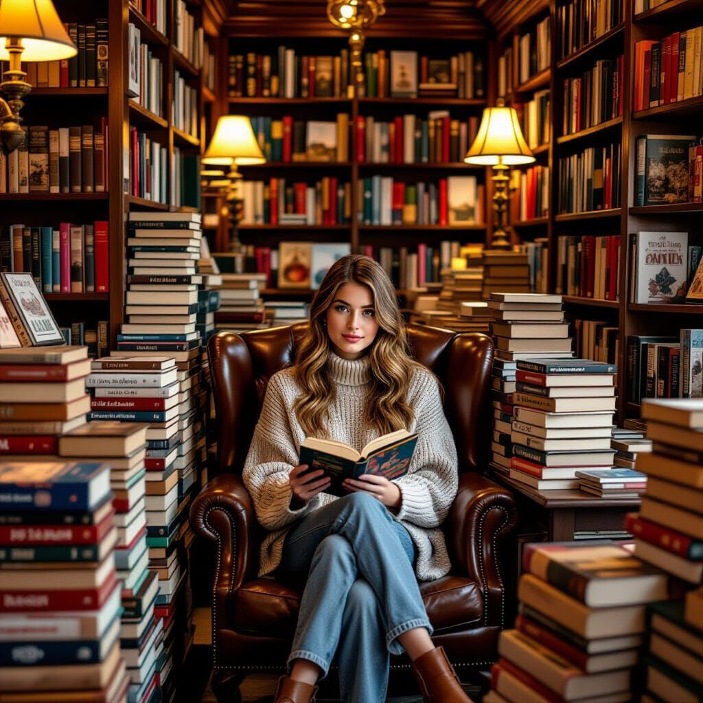 Cozy Bookstore Scene in Whimsical Style