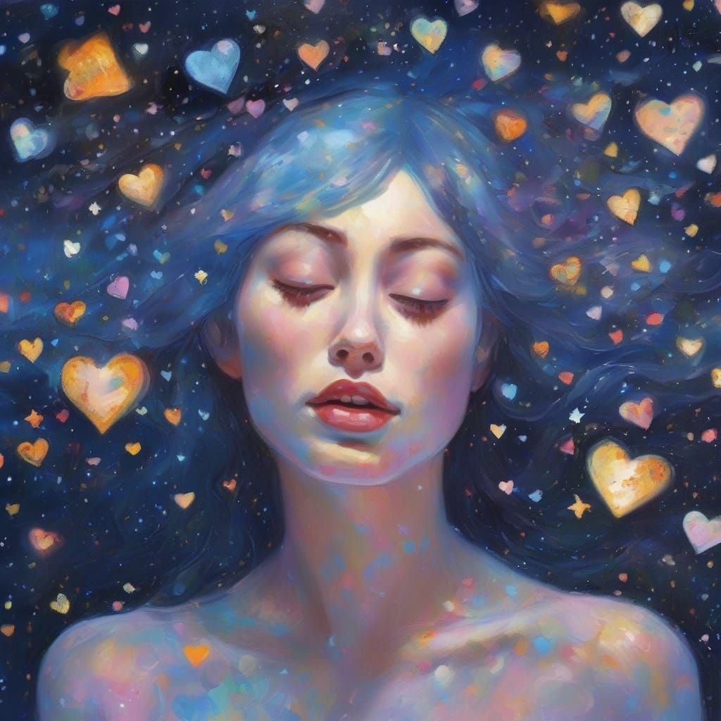 Starry Night Portrait with Floating Hearts in Spacecore Styl...