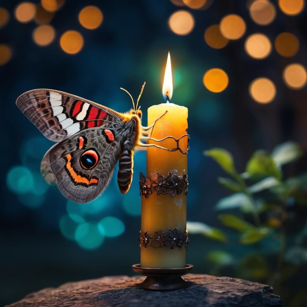 Colorful Mariposa Moth Drawn to Candle Flame
