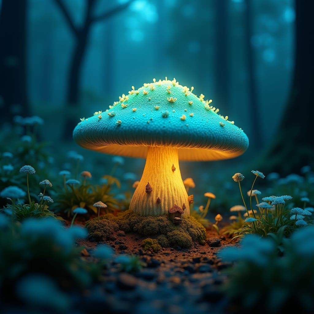 Enchanted Mushroom House in Bioluminescent Forest