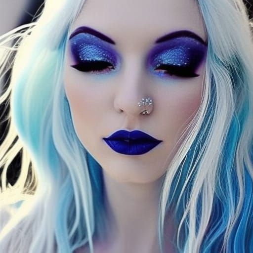 Ethereal Ice Queen with pure white hair with ice blue highli...