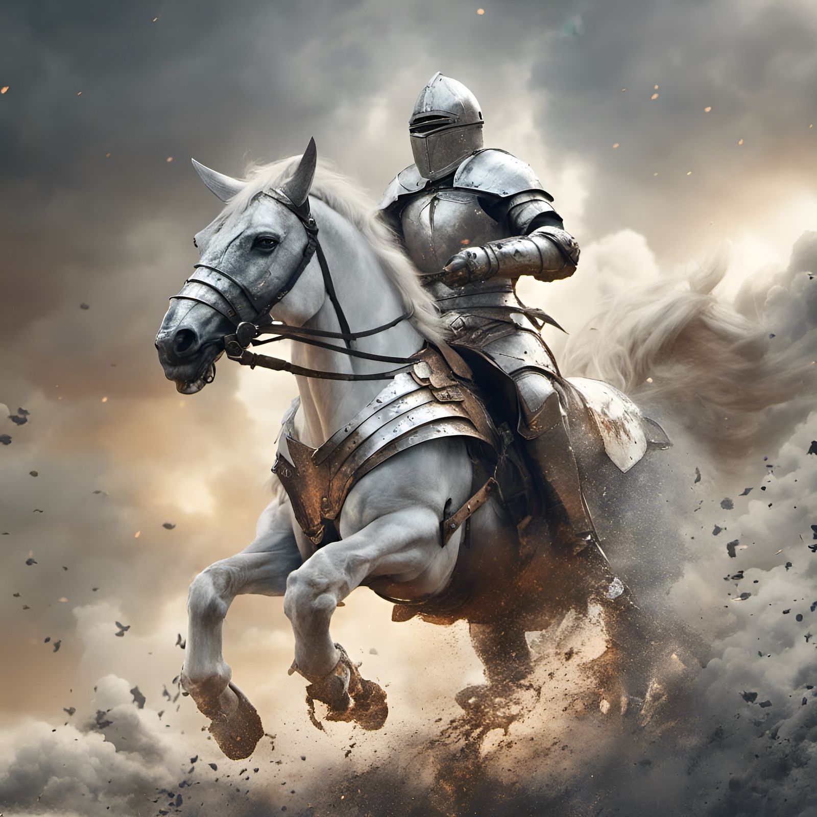 Mediaeval Knight, on his white stallion, in battle.