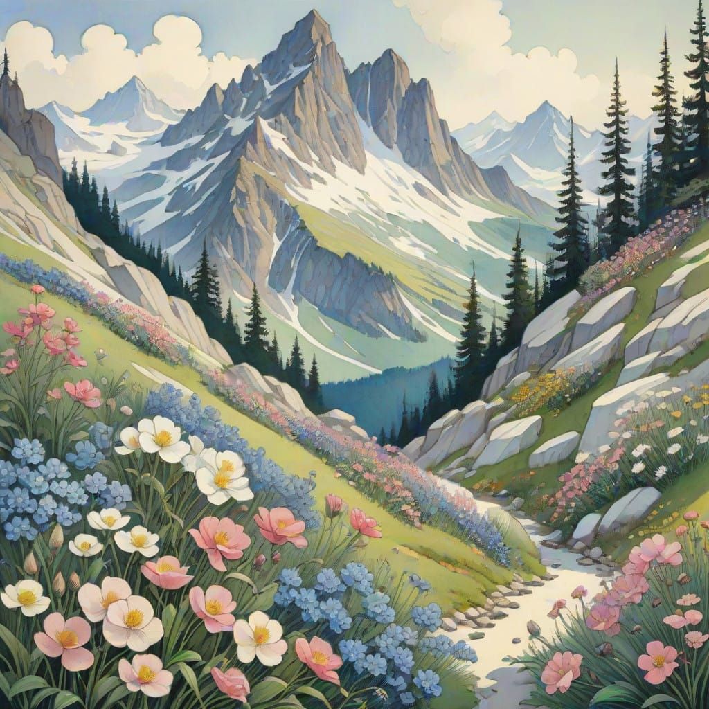Delicate Alpine Blooms in Vibrant Guache Style