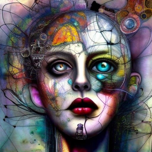 Surreal Woman Portrait with Purple Eyes as Maximalist Art