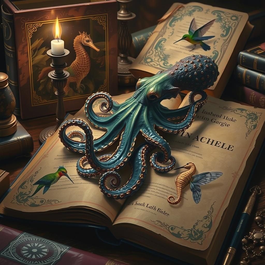 Mystical Scholar's Study with Octopus, Seahorse, and Humming...