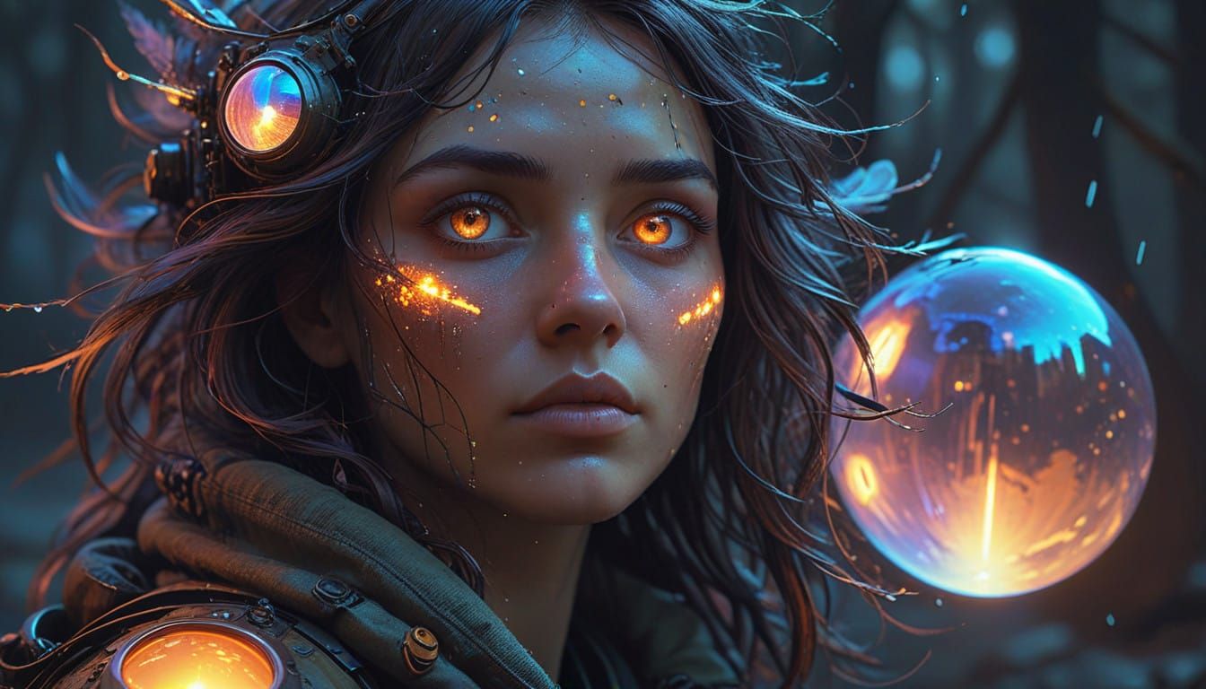 Ethereal Being with Iridescent Eyes in a Dreamy Landscape