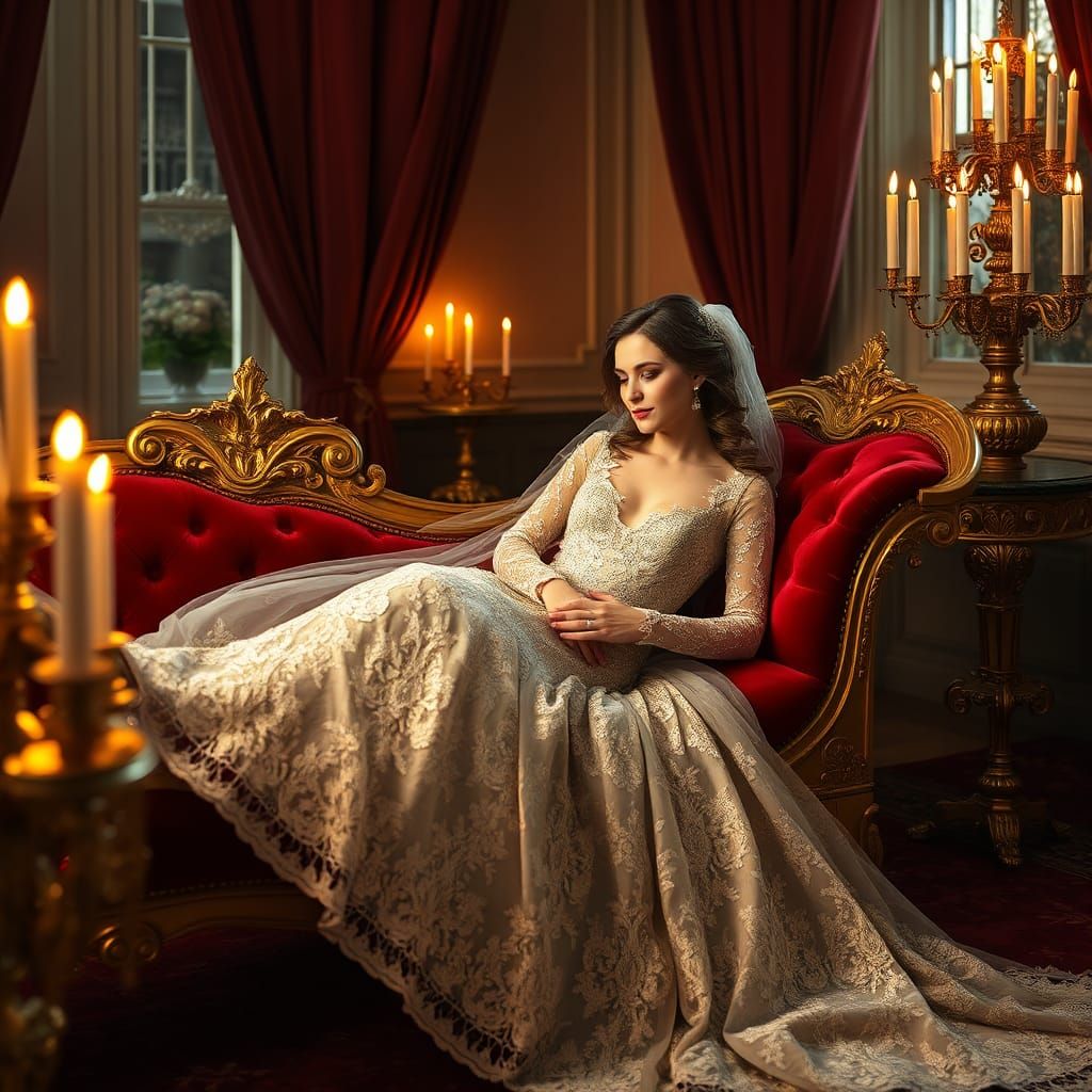 Bride in Lace Gown, Romantic-Era Style
