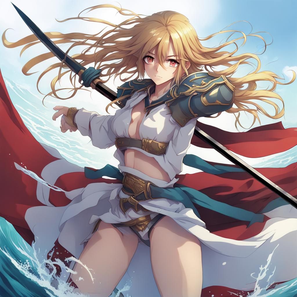 Anime Warrior Woman with Spear on Stormy Sea
