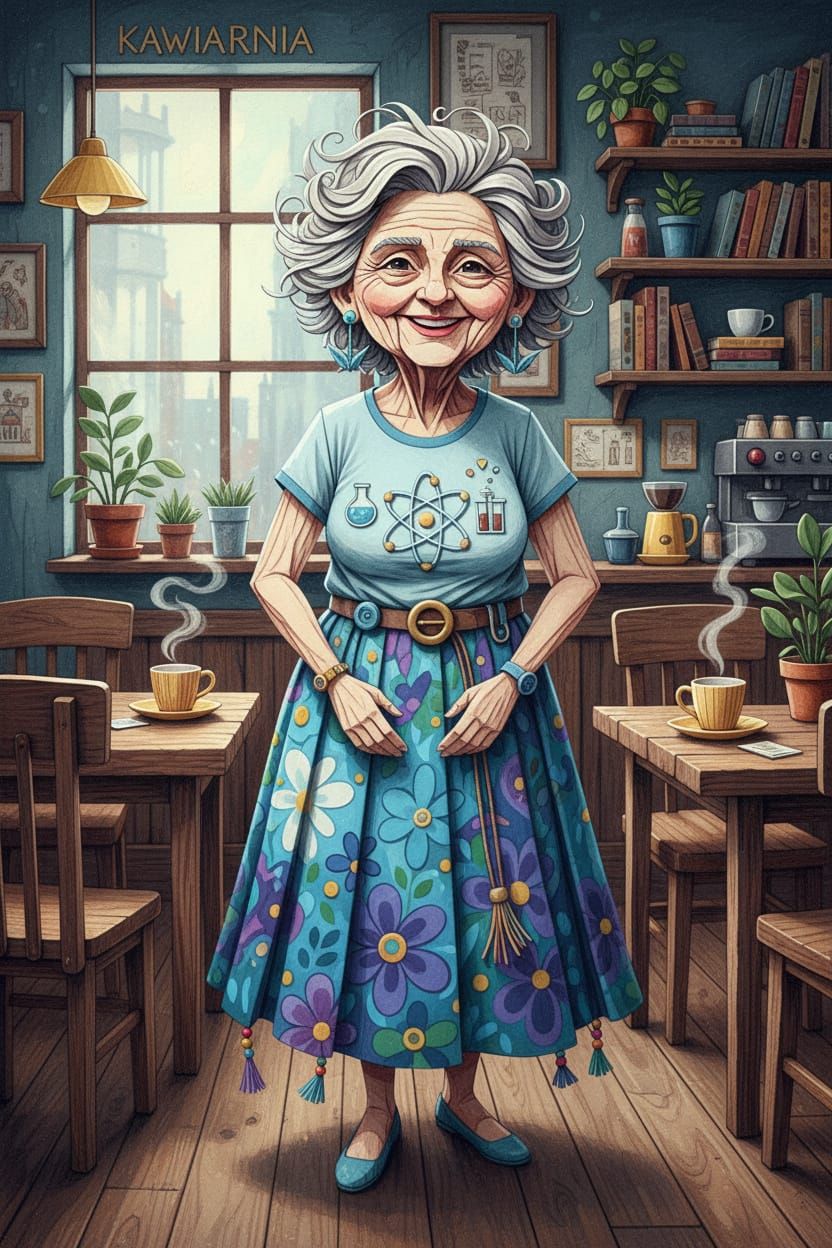 Origami Woman in Gdańsk Coffee Shop Illustration