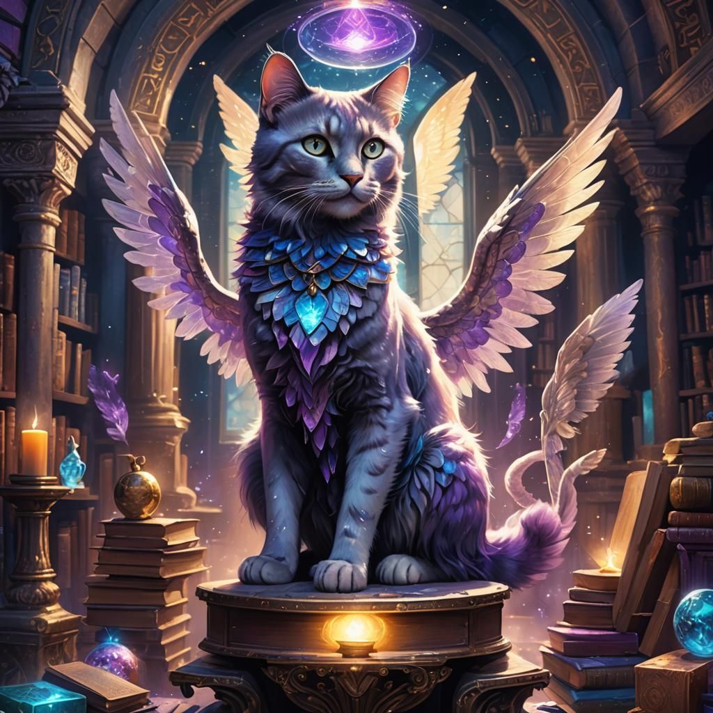 Magic Angel Cat on Mystical Pedestal