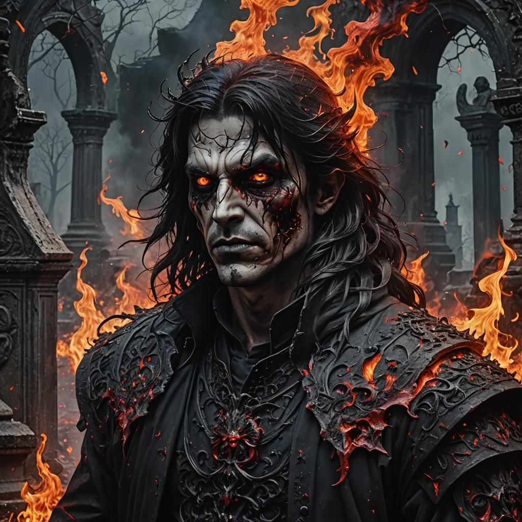 Vampire with Crown in Fiery Graveyard