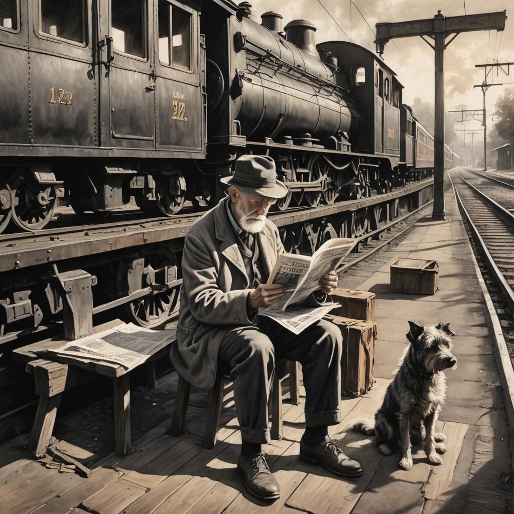 Old Man at Railway Station: Charcoal Drawing