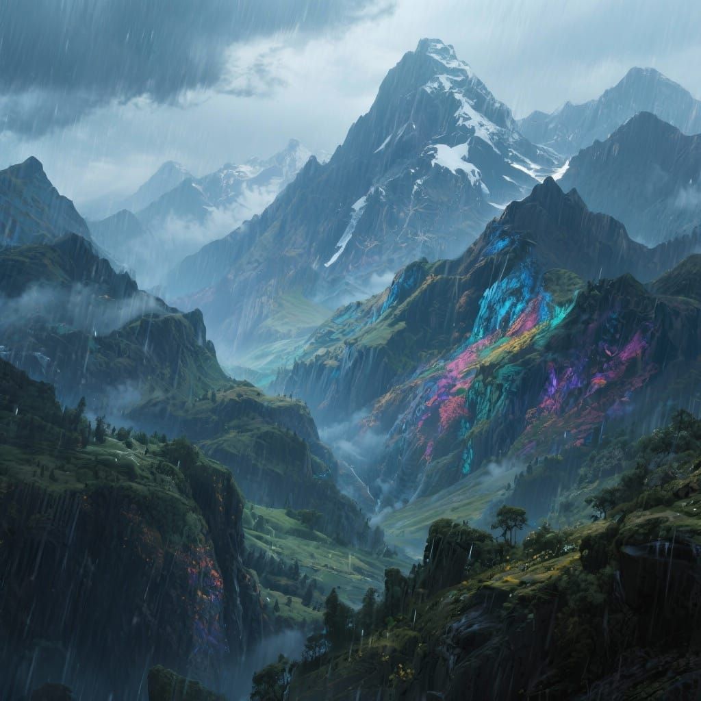 Majestic Mountain Range Under Detailed Rainy Day Matte Paint...