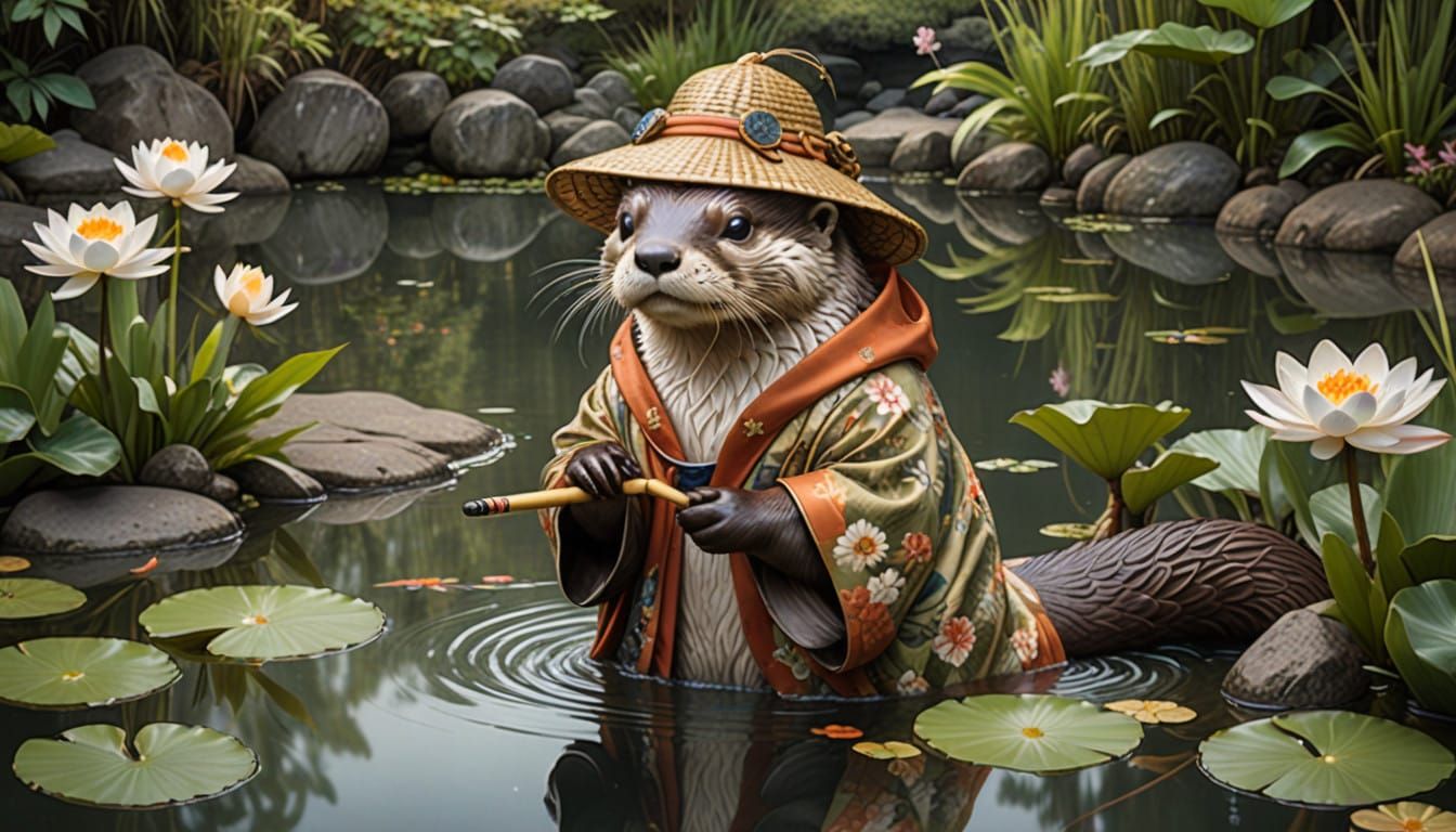 Japanese Otter's Serene Fishing Moment in a Koi Pond