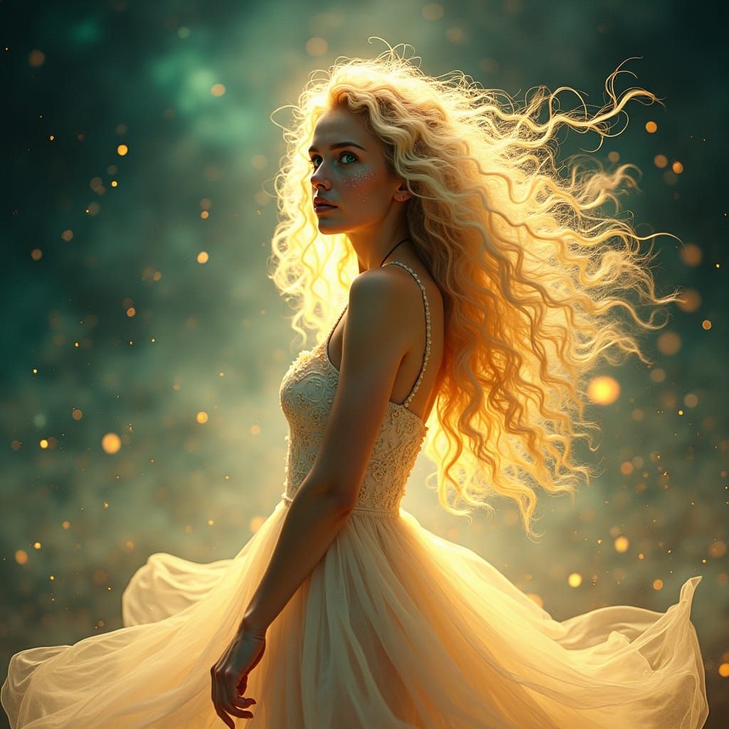 Ethereal Blonde Woman in Mystical Landscape
