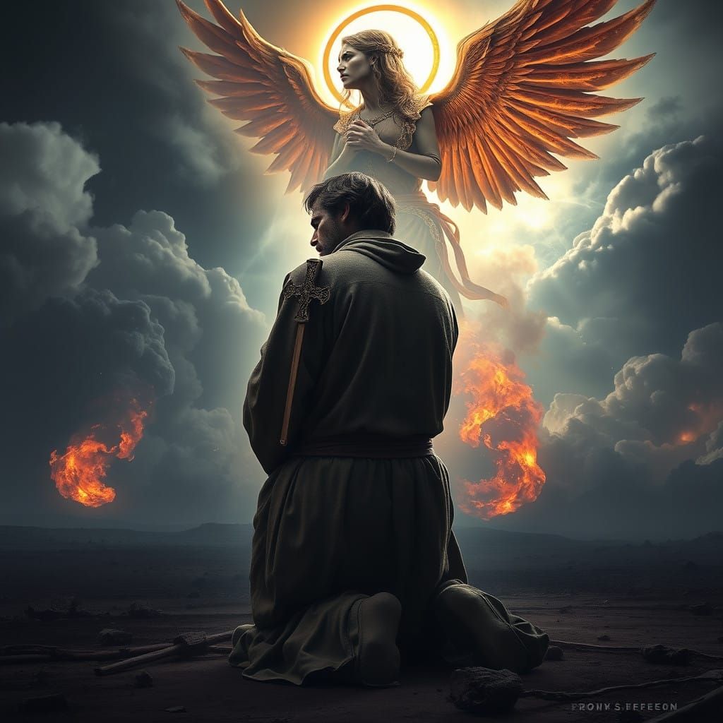 Tormented Man in Profound Despair Illuminated by Heavenly Gl...