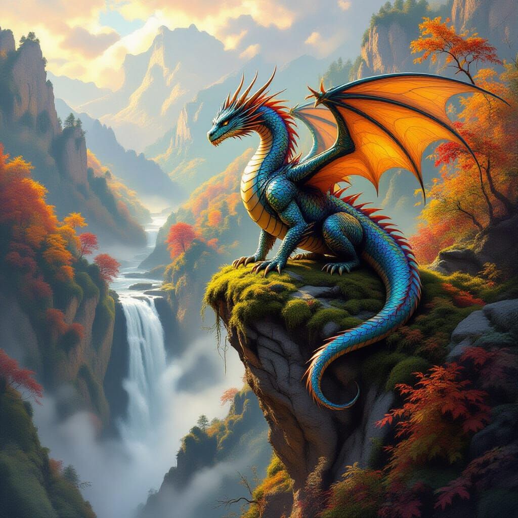 Ancient Dragon Overlooks Autumn Forest Waterfall