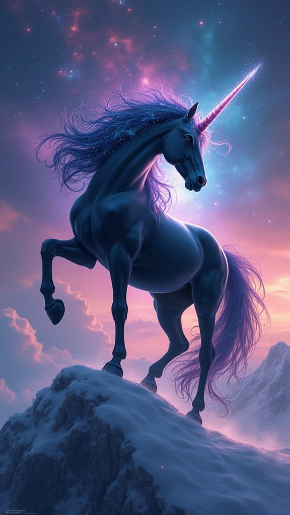 Majestic Black Unicorn on Snowy Peak in Cosmic Style