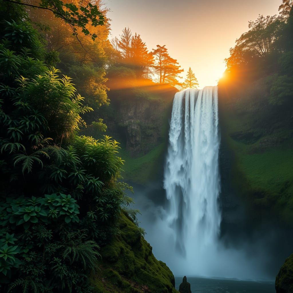 Lush Dawn Waterfall Landscape in HDR