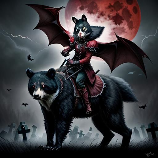 Flying rabid poison bloodstained racoon blood bat, riding black bear, mist fog rain thunder blood moon, bats, creepy gra...