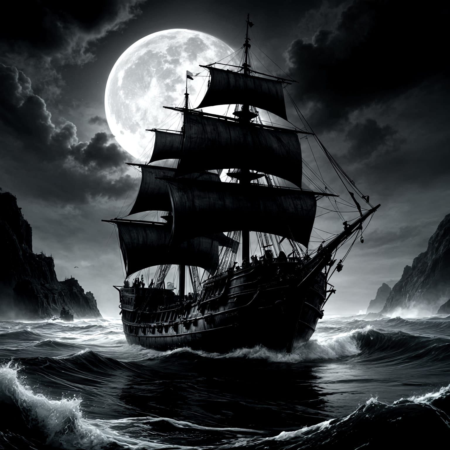 Eerie Ghostly Ship Sails Under Dark Black Sky