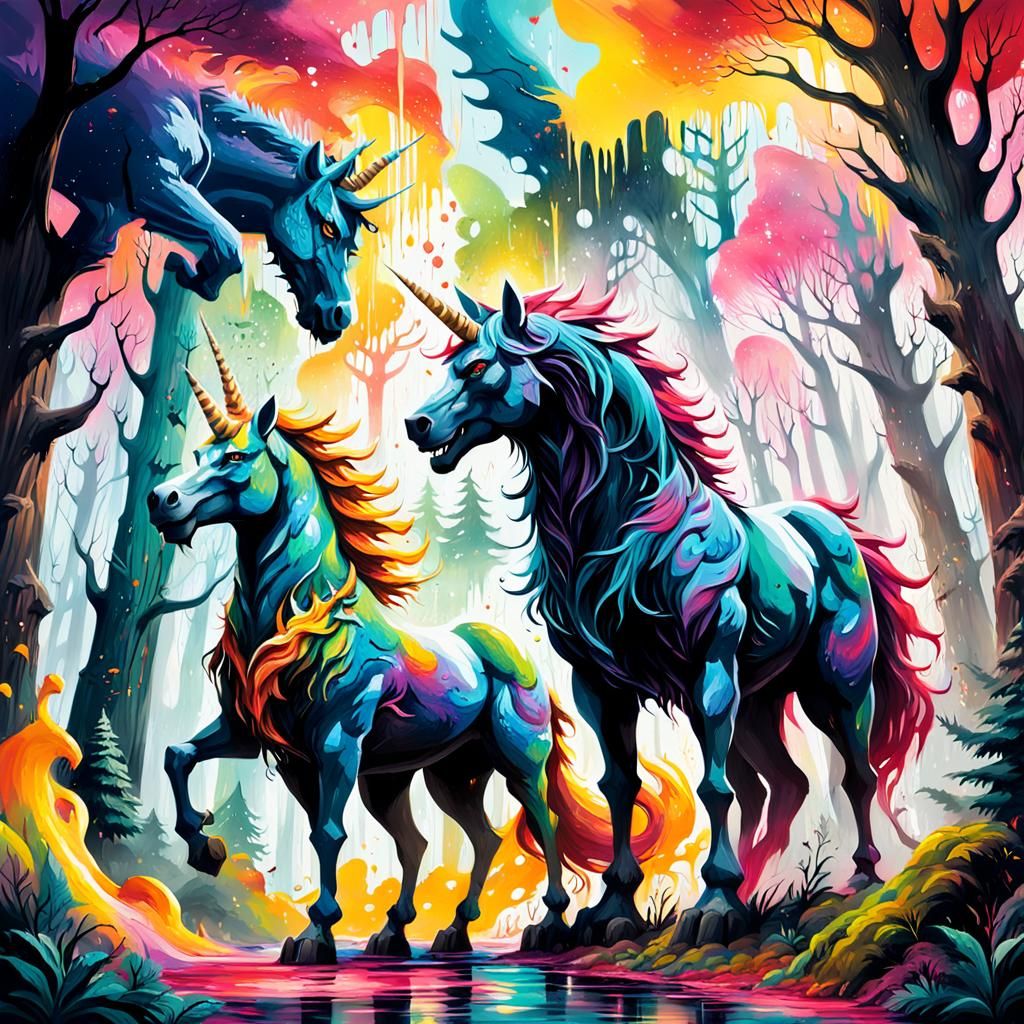 Unicorn and Werewolf in Graffiti Street Art