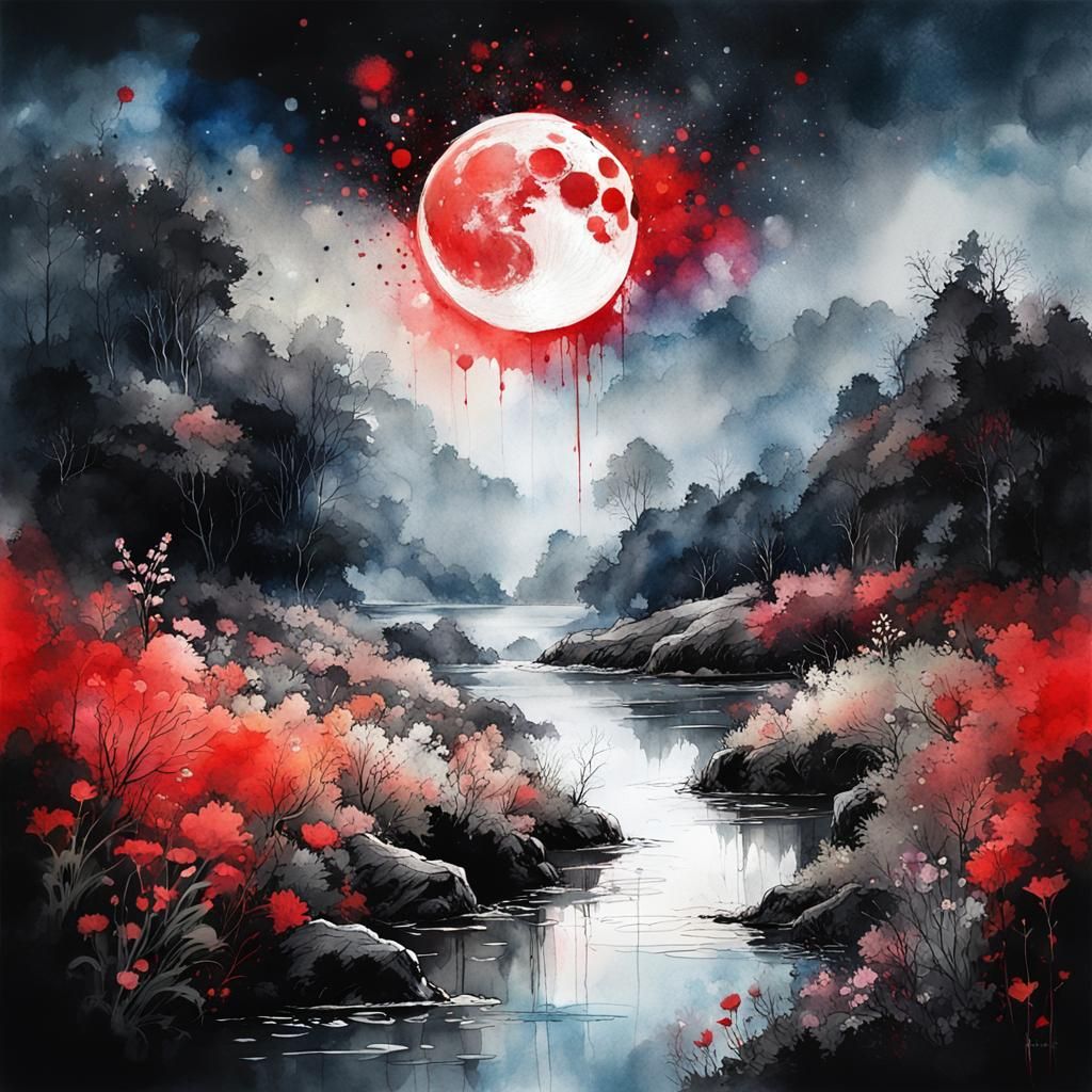 Lush Moonlit Landscape in Watercolor Ink Splatter Style