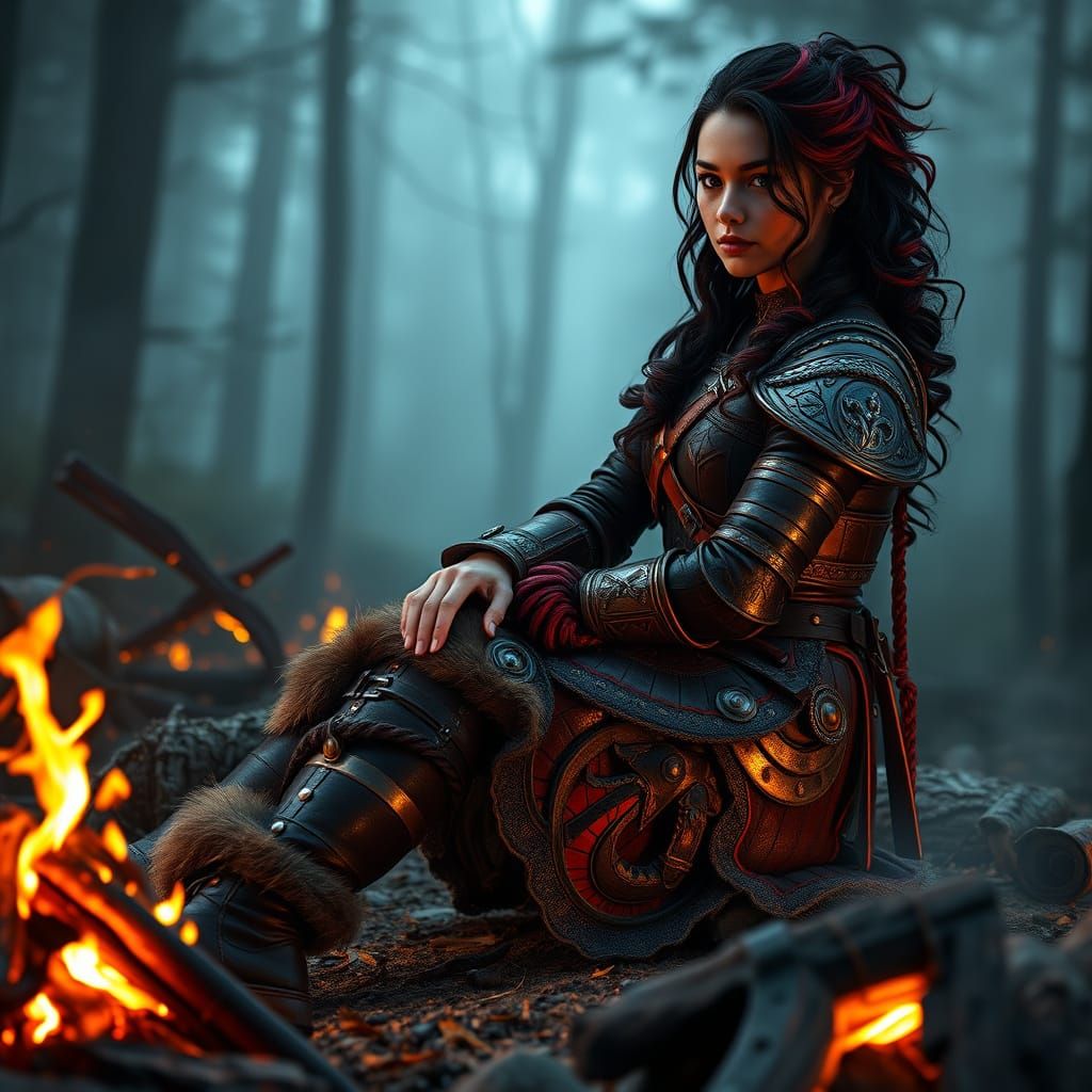 Warrior Woman by Campfire in Foggy Forest