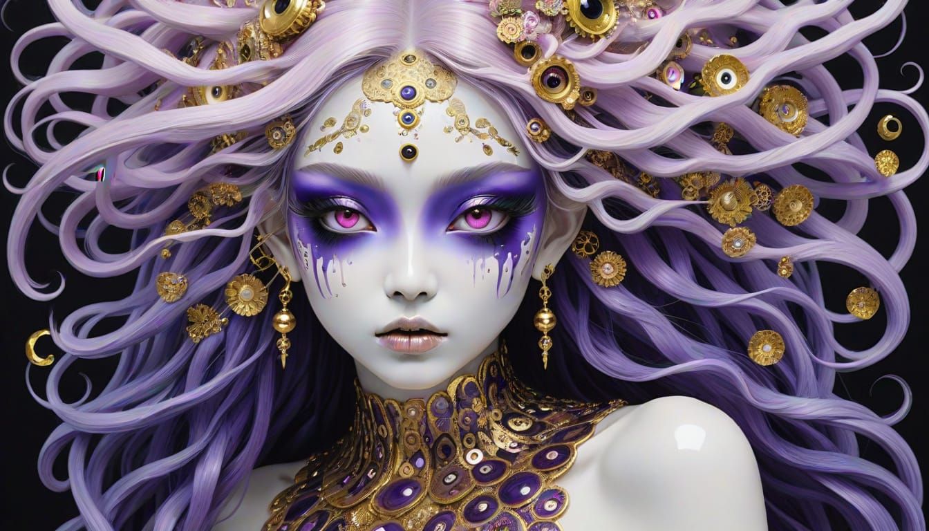 Ethereal Dark Elf Goddess in Klimt-Inspired Splendor