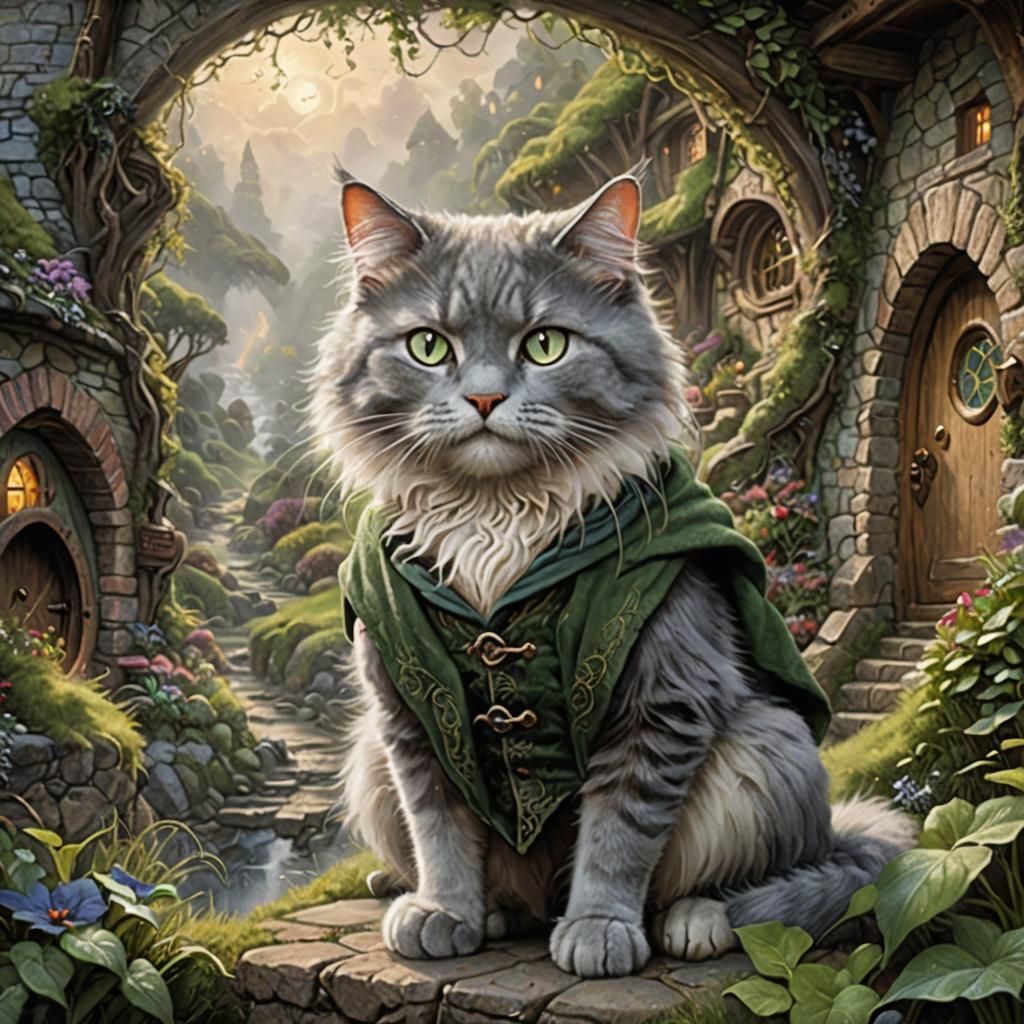 Hobbit Cat in Ethereal Fantasy Landscape