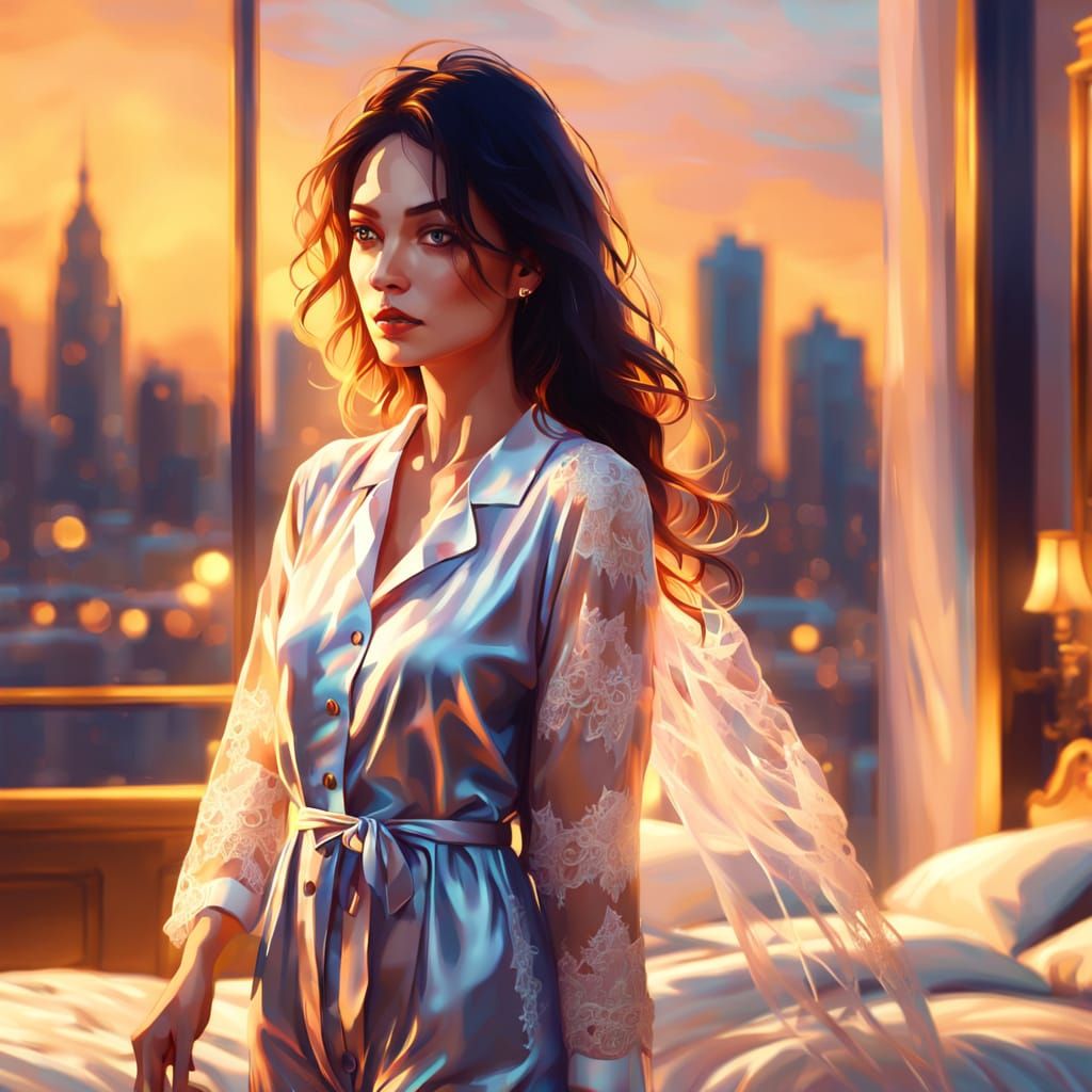 Woman in Pyjamas in Bedroom with City View