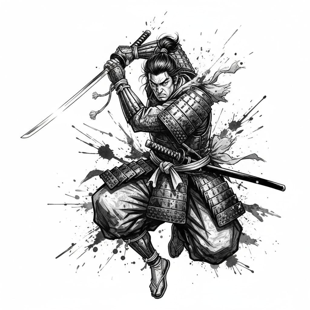 Dynamic Monochrome Samurai Battle Illustration