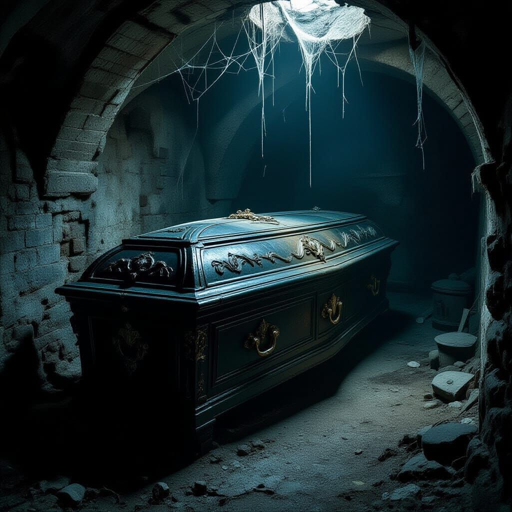 Eerie Coffin in Cellar, Surreal Biomechanical Style