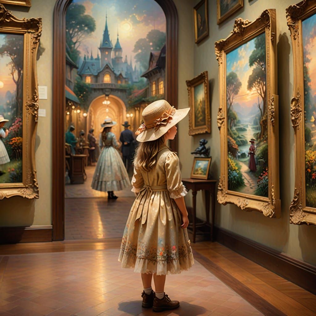 Girl Gazing at Painting in Ethereal Museum