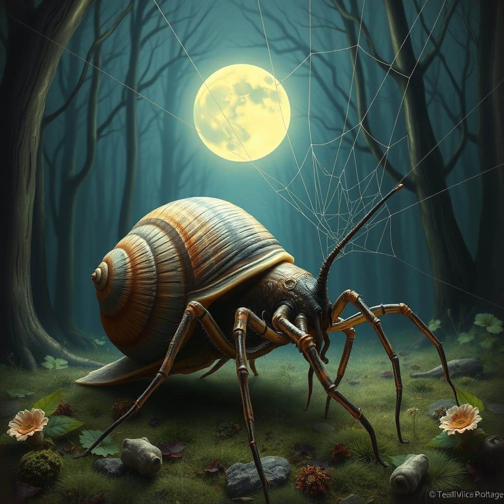 Snail-Spider Hybrid Emerges Under Moonlit Forest
