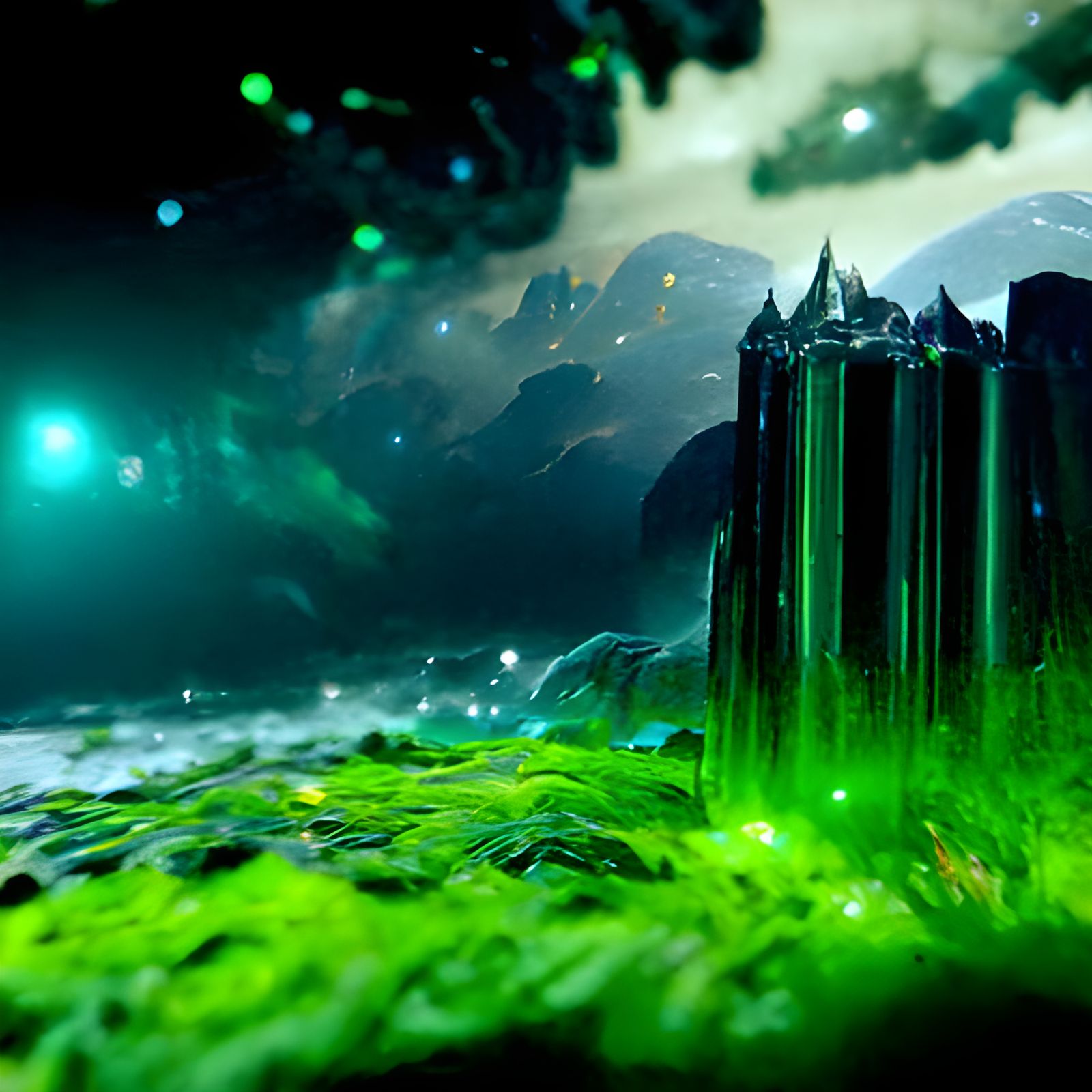 Divine City by a Deep Green Ocean with Aurora
