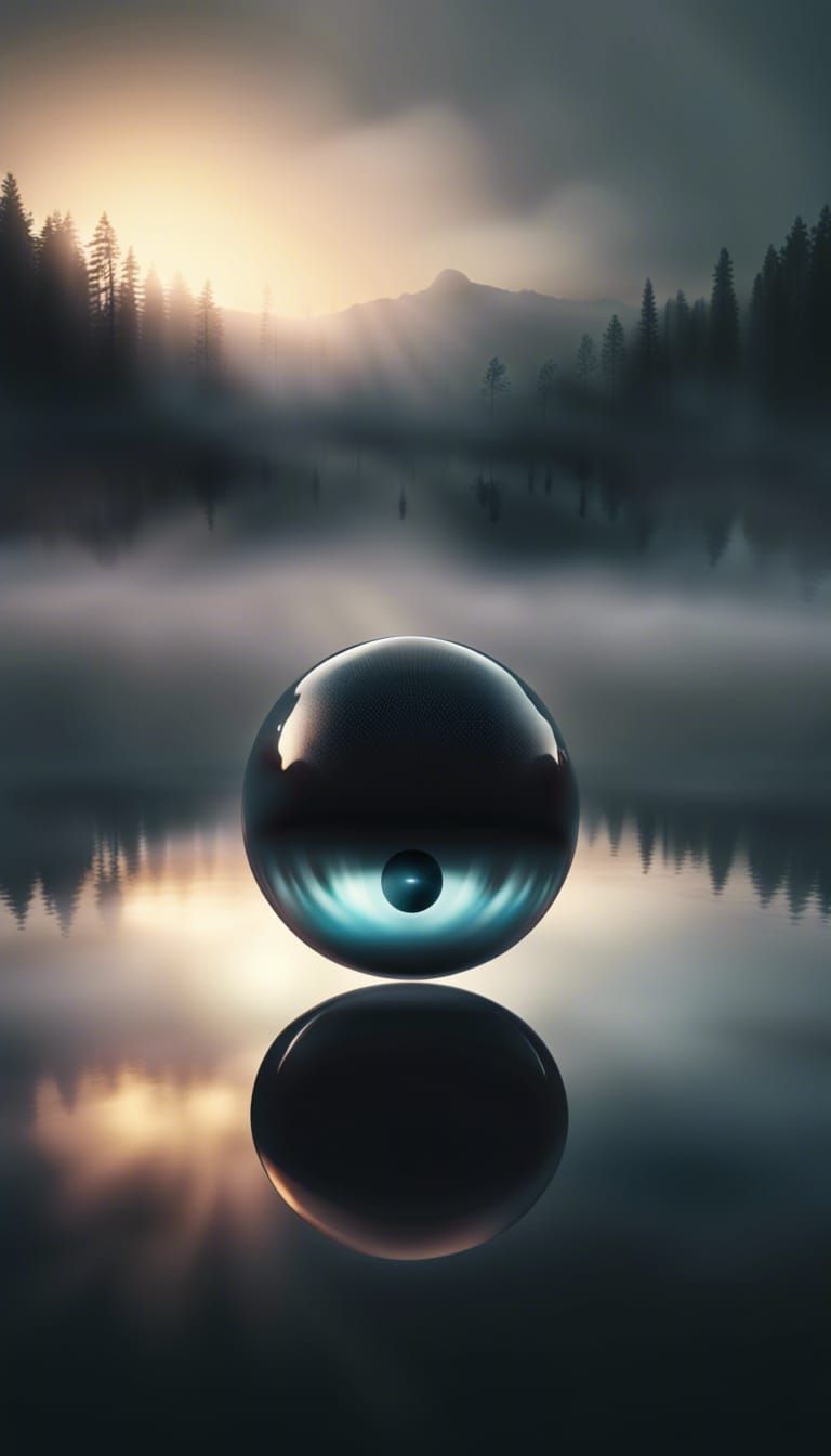 Obsidian Orb Levitates Over Foggy Lake in 3D