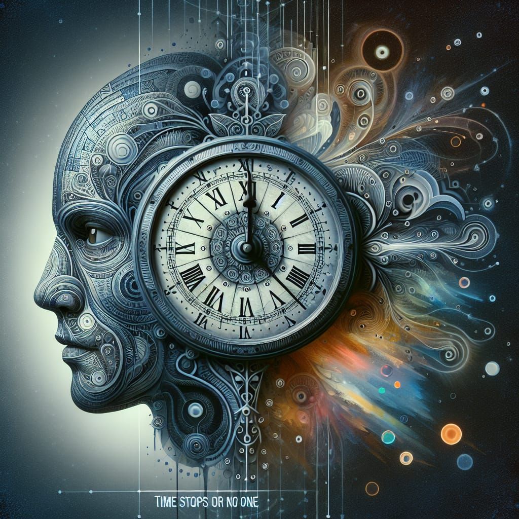 a surreal portrait of an intricate clock, the clock is in a face, intricate details and design, a caption of Time stops...