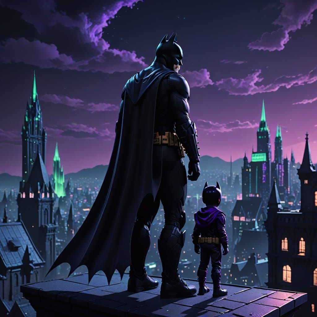 Batman and Kid-Batman on Gotham Rooftop in Anime Style