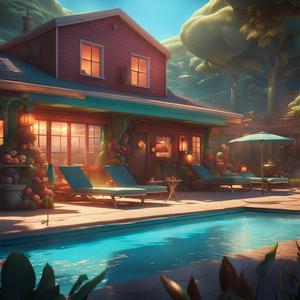 Justice League Relaxing Poolside: Matte Painting