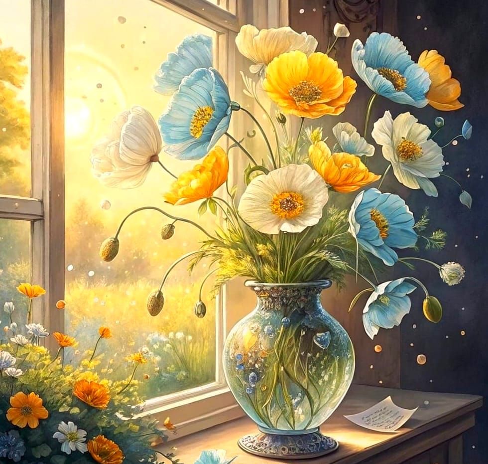 Delicate Watercolour Poppies in a Crystal Vase