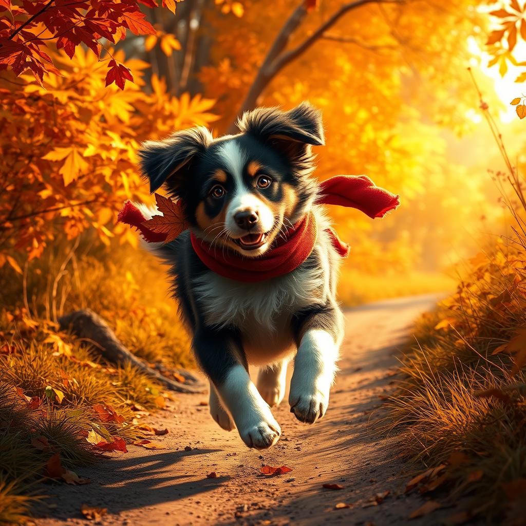 Australian Shepherd Puppy in Autumnal Landscape