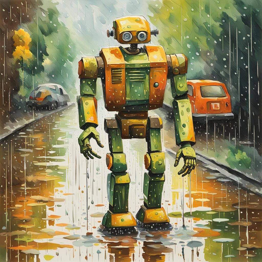 Tired Robot Walks in Rain: Gouache Watercolor Style