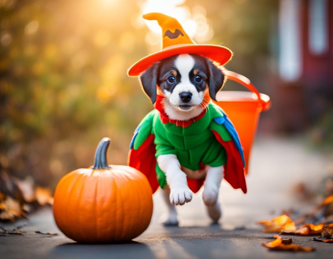 Puppy Parrot Costume Trick-or-Treating Village Scene
