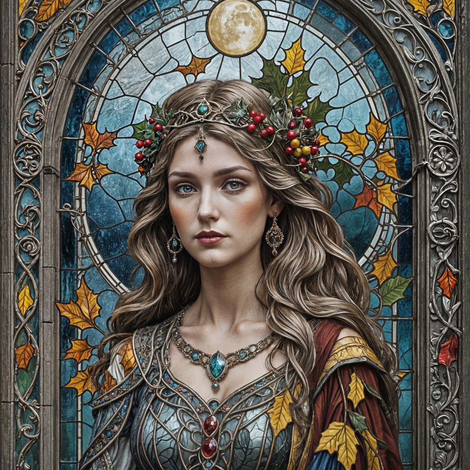 Autumn Stained Glass Window in Art Nouveau Style