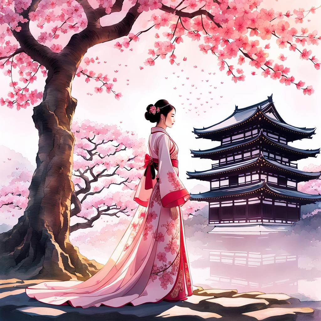 Beautiful Asian girl in long traditional dress next to an ancient Sakura tree
