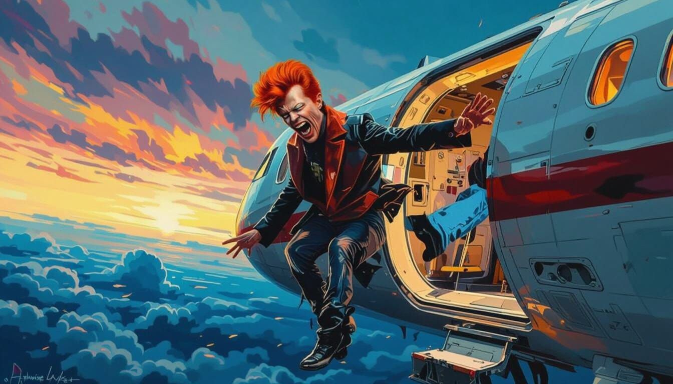 Terrified Figure Falling from Airplane in Digital Painting S...