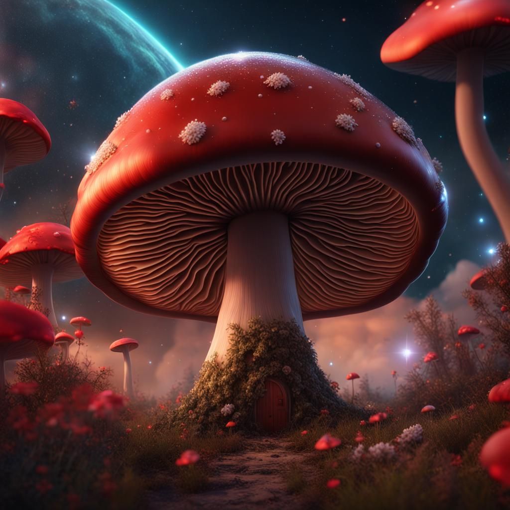 Giant Mushroom in Space with Falling Flowers